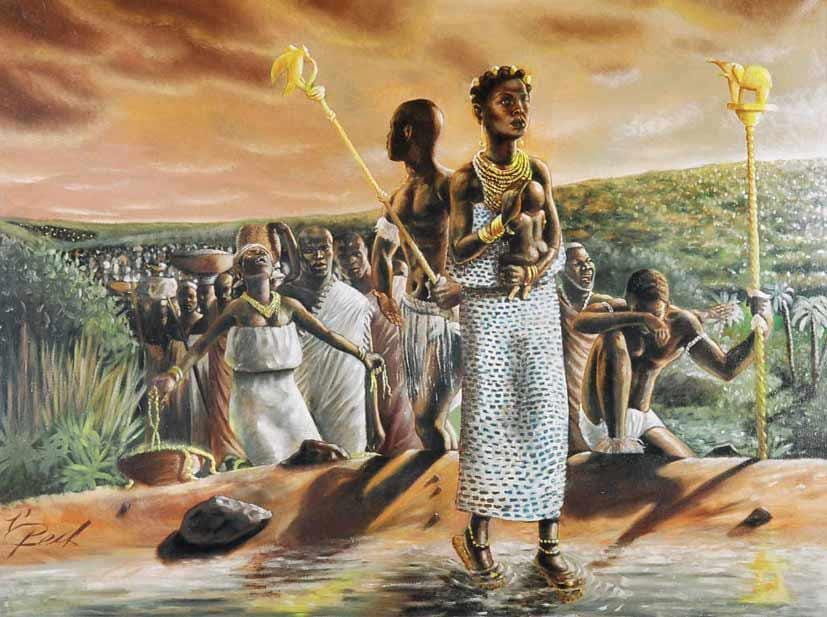 Femmes Baoulé en pagne traditionnel lors d’une célébration communautaire, illustrant la richesse culturelle des peuples Akan.