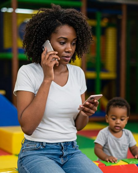 Une jeune maman concentrée sur son portable plutôt que son enfant