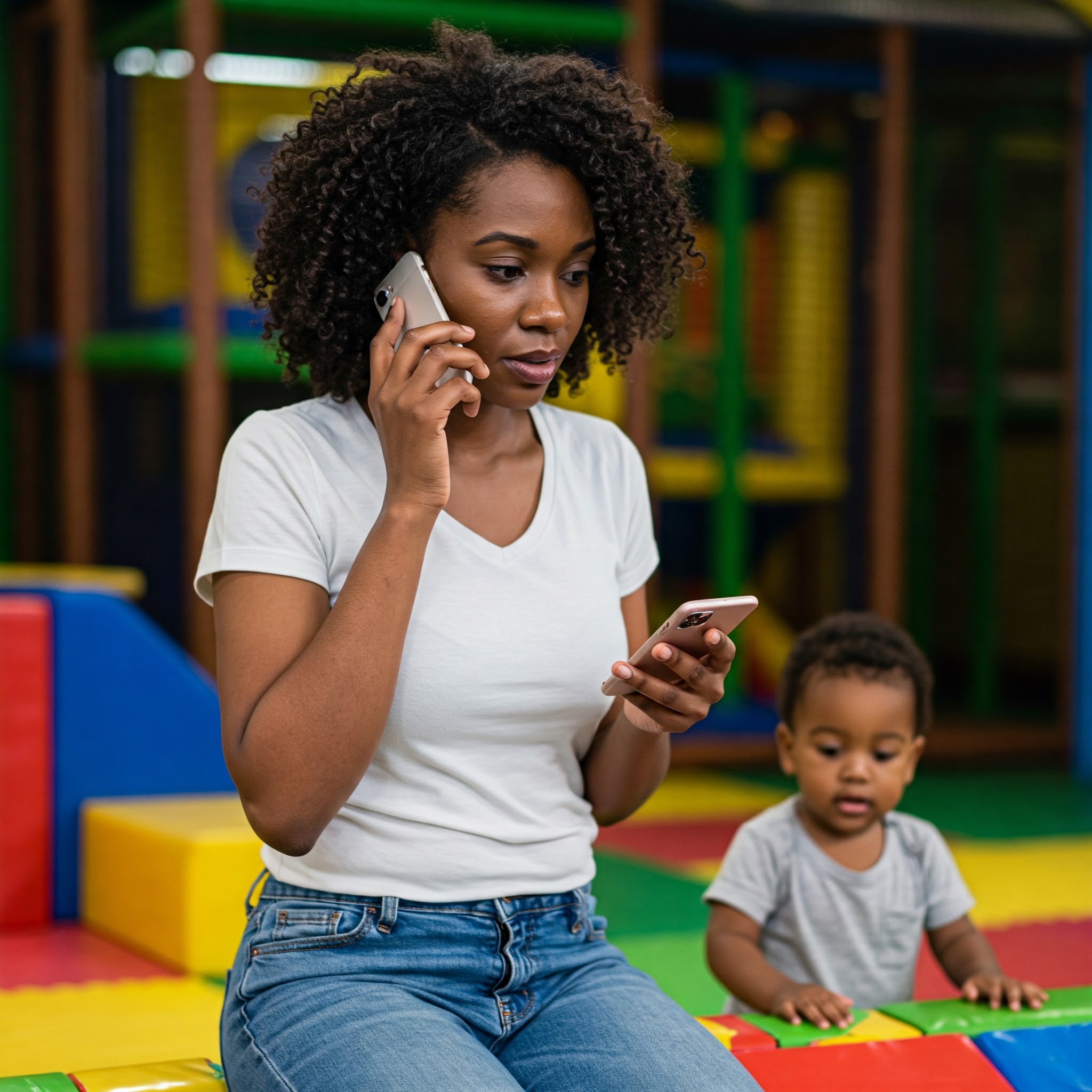 Une jeune maman concentrée sur son portable plutôt que son enfant