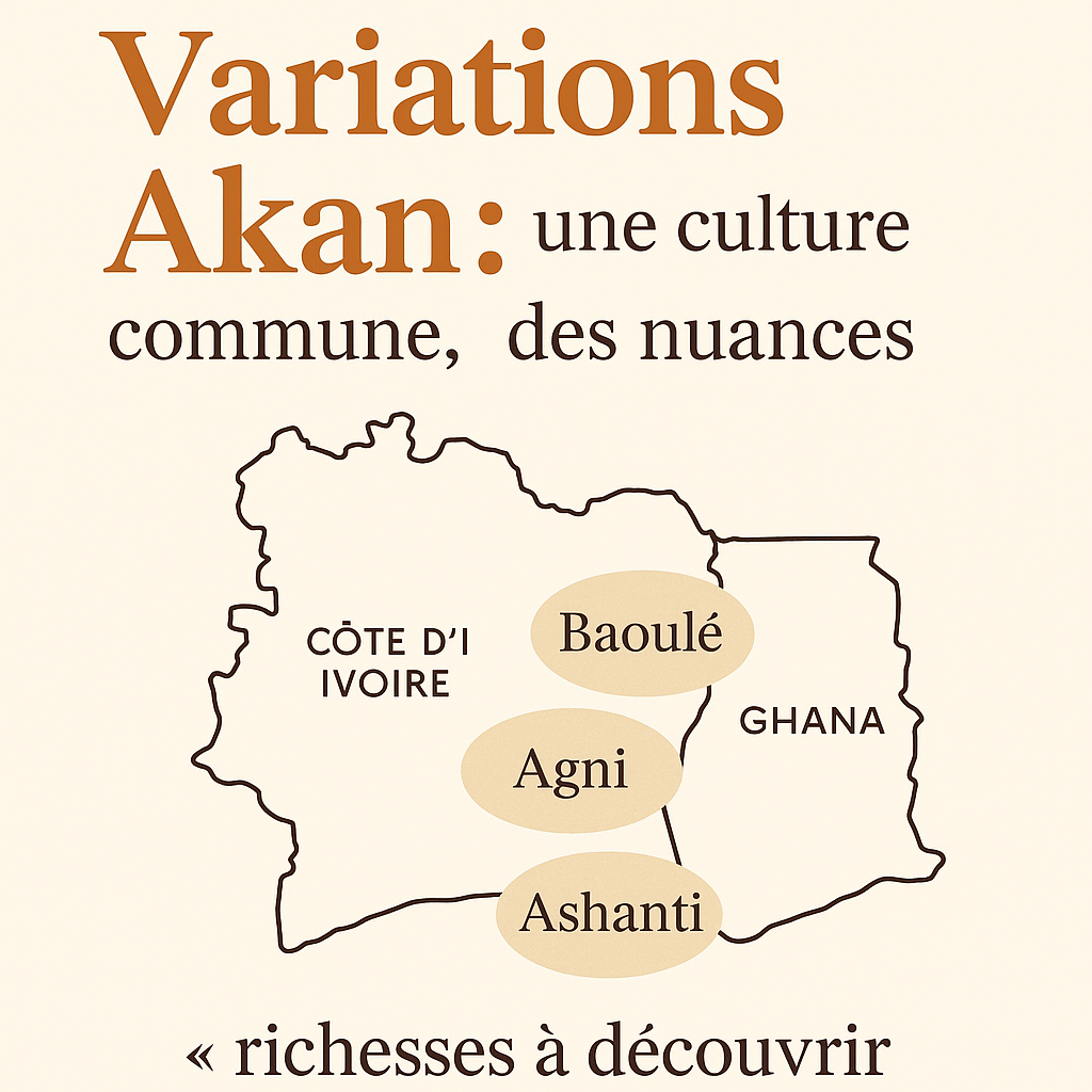 Carte stylisée montrant la répartition des groupes Akan – Baoulé, Agni et Ashanti – entre la Côte d'Ivoire et le Ghana, illustrant la diversité culturelle du peuple Akan.