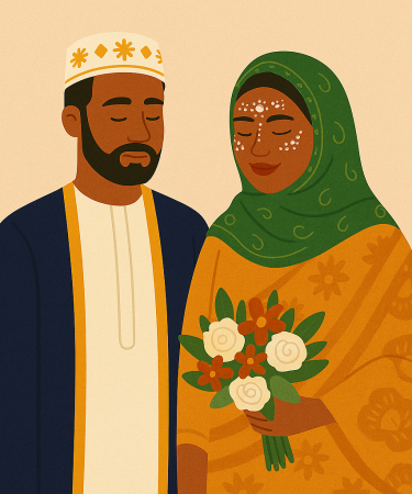 Couple comorien en habits traditionnels lors d’un mariage, illustrant les différences entre Ngazidja, Anjouan et Mohéli