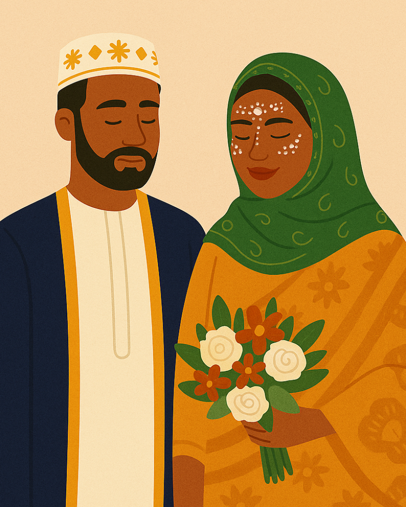 Couple comorien en habits traditionnels lors d’un mariage, illustrant les différences entre Ngazidja, Anjouan et Mohéli
