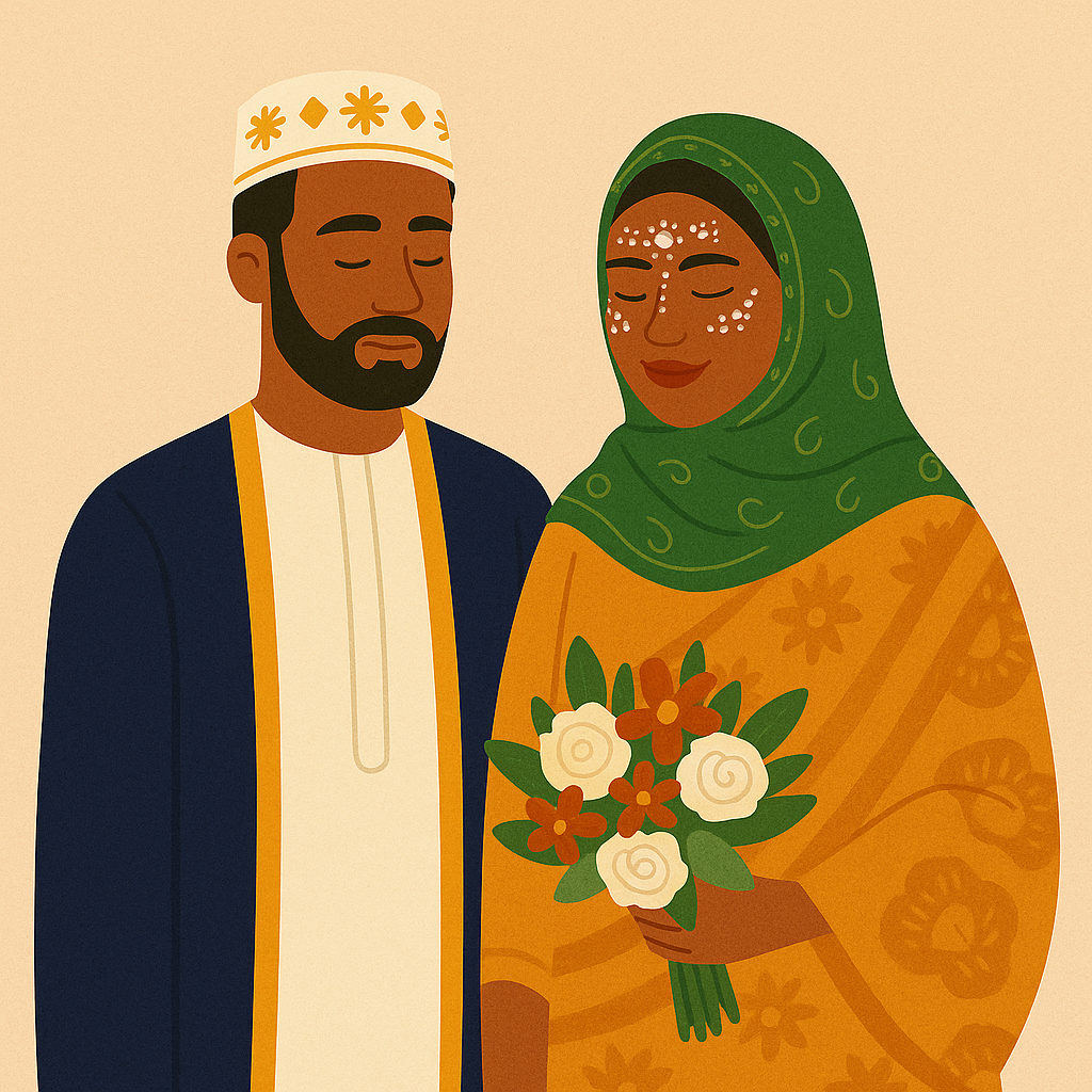 Couple comorien en habits traditionnels lors d’un mariage, illustrant les différences entre Ngazidja, Anjouan et Mohéli