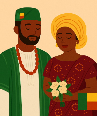 Illustration d’un couple béninois en tenue de mariage traditionnel africain