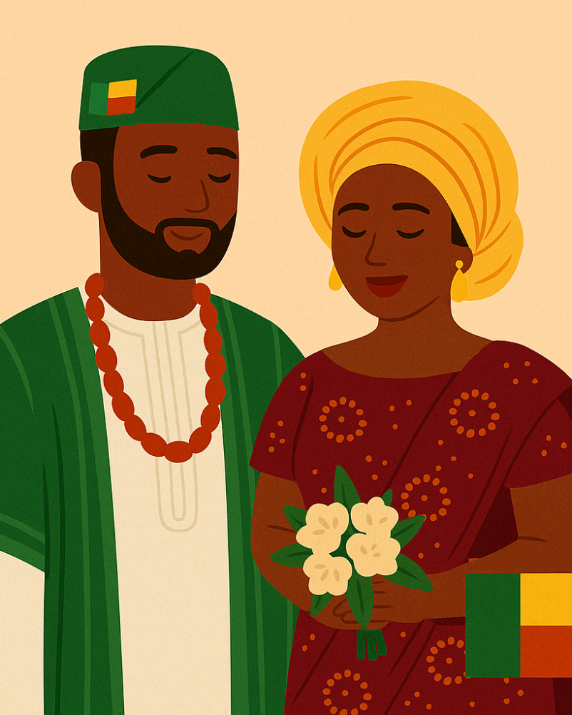 Illustration d’un couple béninois en tenue de mariage traditionnel africain