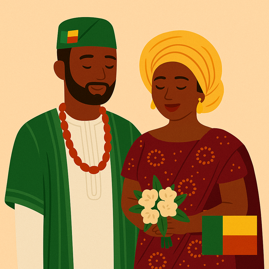 Illustration d’un couple béninois en tenue de mariage traditionnel africain